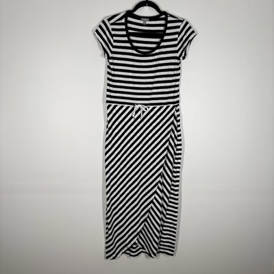 T By Talbots Women S Black White Striped Preppy Cap Sleeves Tulip Hem Maxi Dress