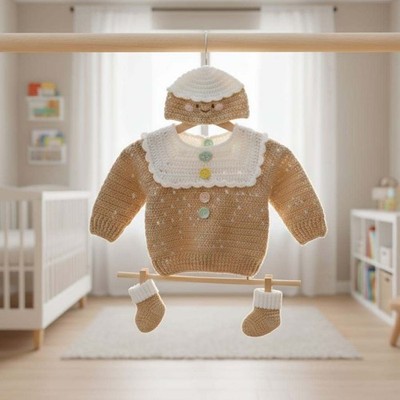 Handgefertigtes gehäkeltes Kleinkind Outfit: Pullover, Mütze & Stiefeletten Set
