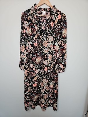H & M Dress 6 Pink Coral Black Floral Ruffle Tie Neck Midi CottageCore Boho 
