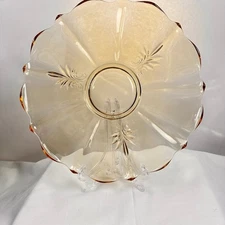 Vintage Amber Glass Scalloped Edge Dessert Cake Stand Tray Floral Etched Topaz