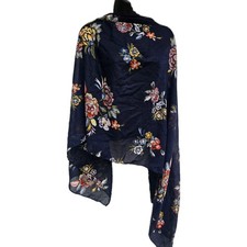 Boho Navy Blue Floral Scarf Lightweight Sheer Wrap Shawl Colorful 32x78