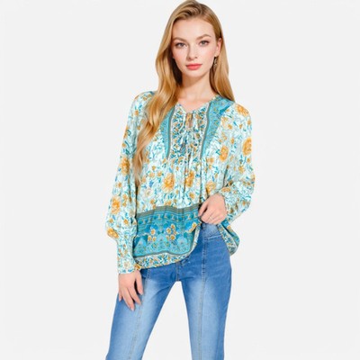 Boho Floral Peasant Blouse Women s Size XL   Green Multicolor Top,  NWT