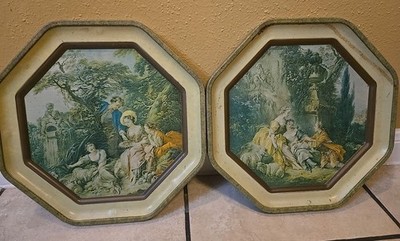 2 vintage Francoise Boucher metal pictorial sunshine biscuits tin Lids Read 
