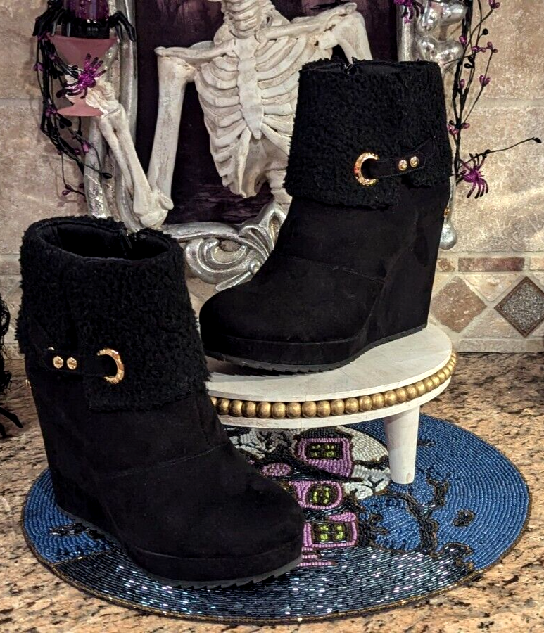 Juicy Couture Fold Over Nori Black Suede Platform Wedge Boots