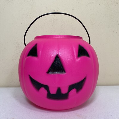 Halloween Pink Blow Mold Jack-O-Lantern Pumpkin Candy Treat Bucket Pail Big Jack