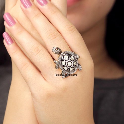 925 Sterling Silver Uncut Polki & Pave Diamond, Ruby Gemstone Turtle Shape Ring - Picture 8 of 8