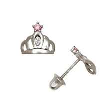 14K Solid Gold Royal Crown Screw Back Stud Earrings with October Pink CZ Stones