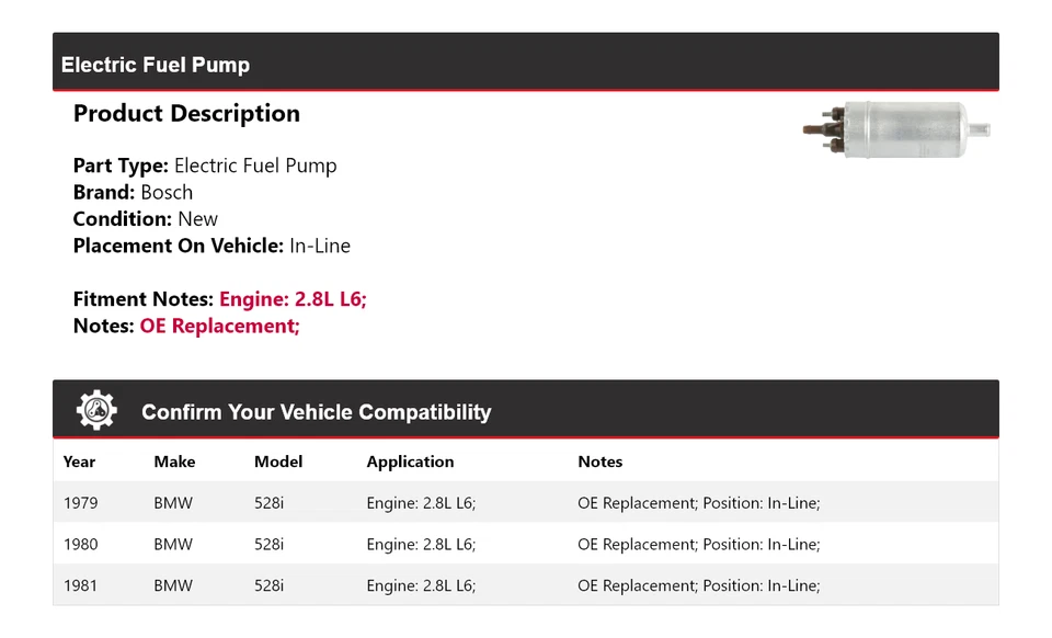 For 1979-1981 BMW 528i 2.8L L6 Bosch Electric Fuel Pump In-Line 1980 - Image 2 of 4