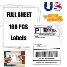 8.5" x 11" Shipping Address Labels Self Adhesive Sticker 100 Full Sheet Label US