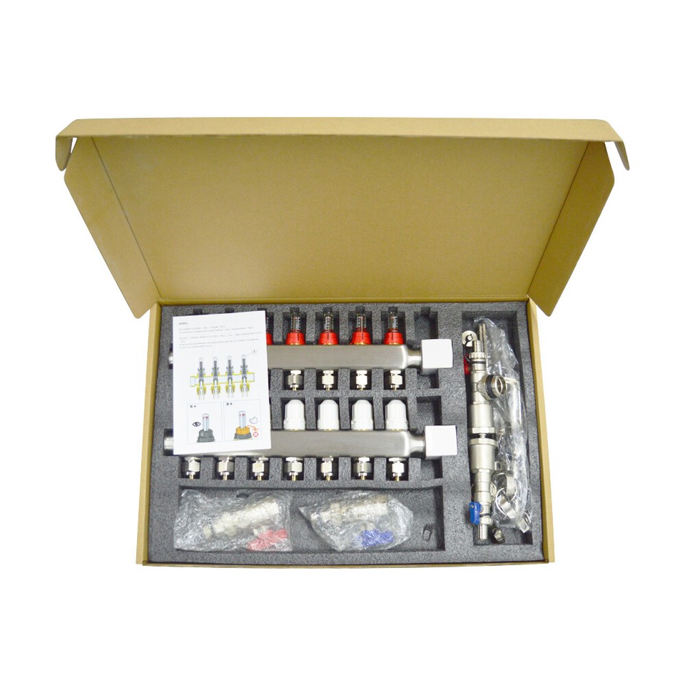7-Branch PEX Radiant Floor Heating Manifold Set - 1/2" Stainless Steel, Pre-Assembled