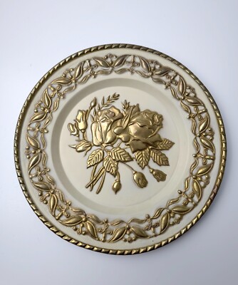 Vintage Brass Enamel Embossed Rose Wall Plate Made in Holland Home Decor
