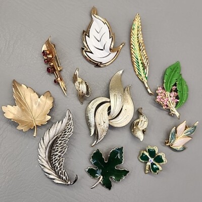 Vintage Leaf Brooch Lot of 11 Giovanni Trifari Coro Set Earrings Enamel 