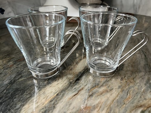 Set of 4 Bormioli Rocco Oslo Cappuccino Coffee Glass Cups 8oz Stainless Steel - Picture 3 of 11