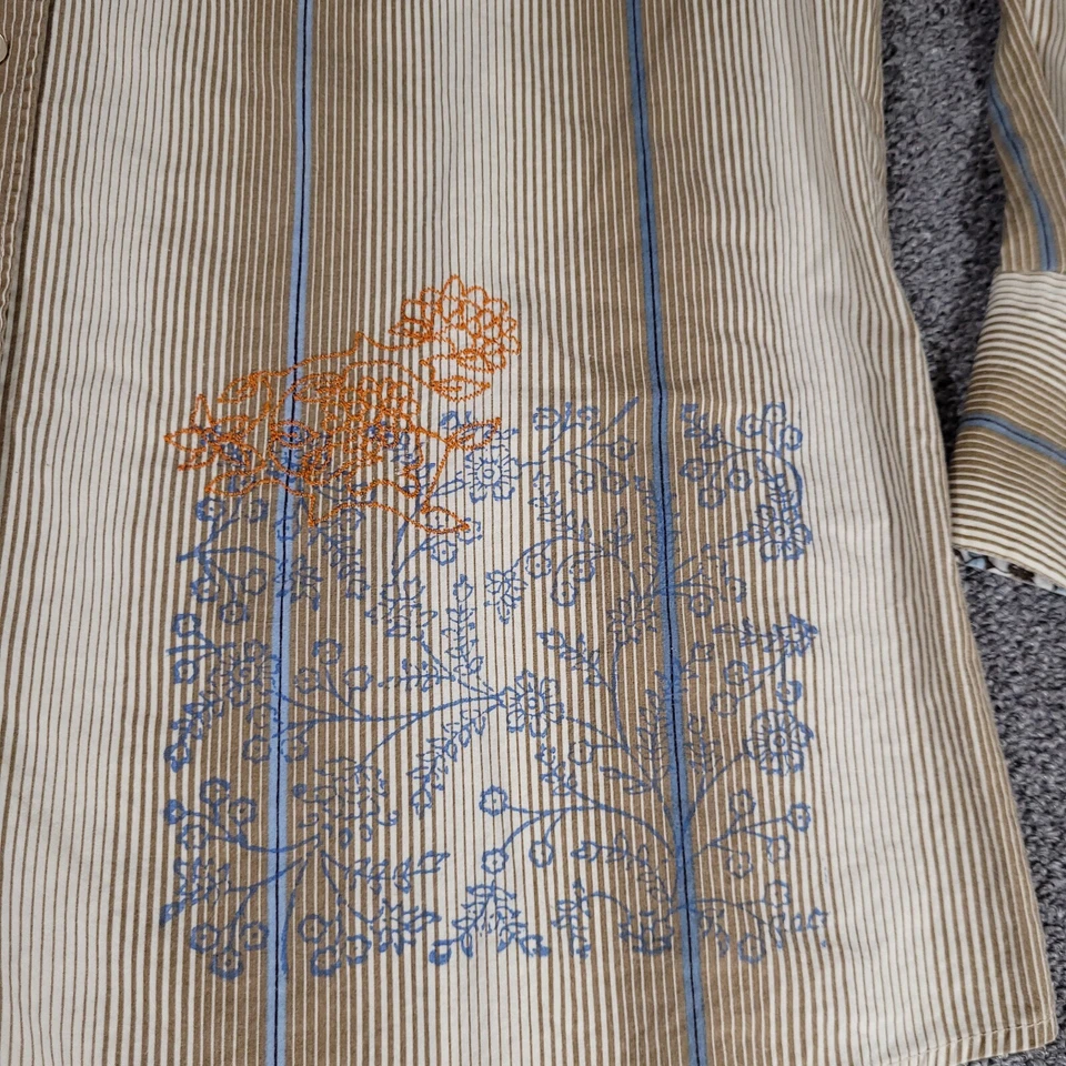 De colección. Camisa abotonada a rayas bordada cromada en Y talla L - Marrón con puño floral Foto 4 de 4