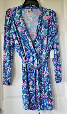 BOBBIE BROOKS Sleepwear Blue & Pink Paisley Long Sleeve Wrap Robe Size M - NWT