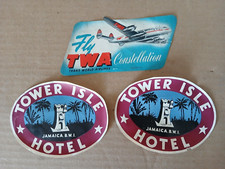 3 VINTAGE ORIGINAL LUGGAGE LABELS FLY TWA CONSTELLATION TOWER ISLE HOTEL JAMAICA