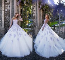 Lavender A Line Wedding Dresses Sheer Neck Long Sleeves Lace Applique BridalGown