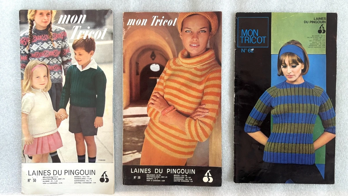 Revistas de tejer 3 MON TRICOT Laines du Pingouin No. 50, 58, 62 holandés 1961-65
