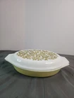 Vintage Pyrex  Olive Green Floral Divided 1 1/2 Qt Oval Casserole Dish w/ Lid