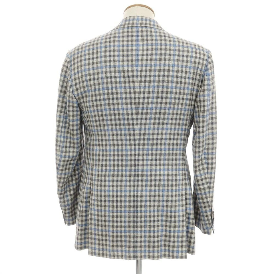 [Used] Kiton Cashmere Linen Silk Check Tailored Jacket Oatmeal Gray Light Blue - Image 3 of 4