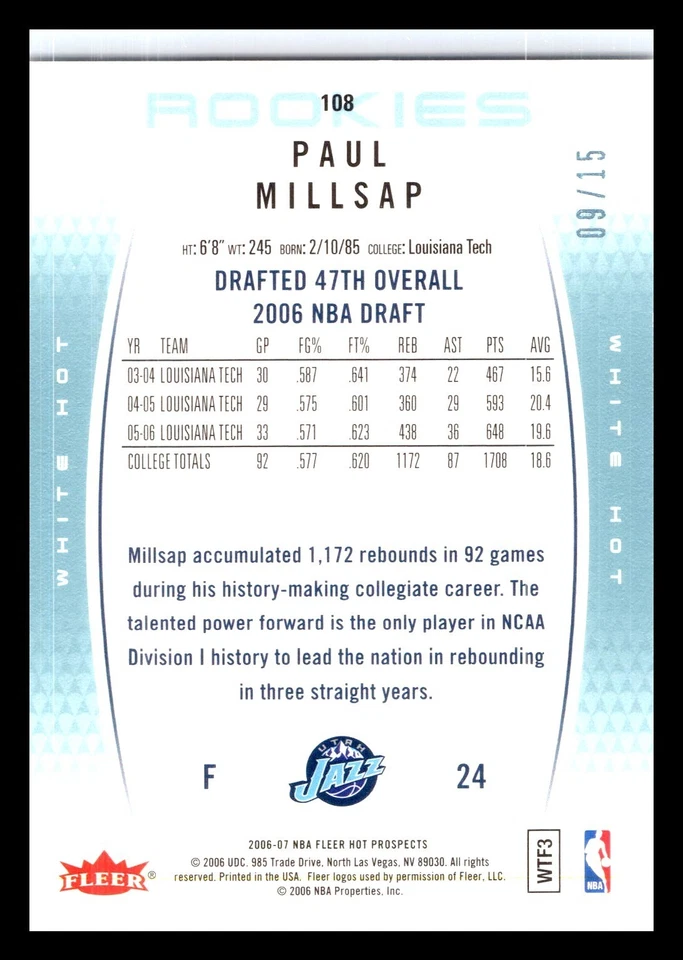 2006-07 Fleer Hot Prospects Rookies /15 Paul Millsap #108 Rookie RC Utah Jazz - Image 2 of 2