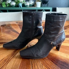 Nine West Emelia Black Leather Ankle Boots Square Toe Heel Buckle 9.5 M