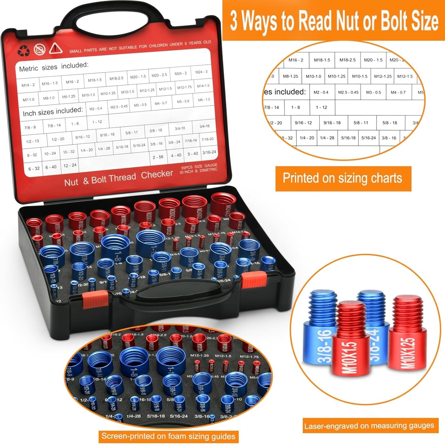 55 Pcs Nut and Bolt Thread Checker 25 Metric & 30 Standard, Bolts and Nut Ide...