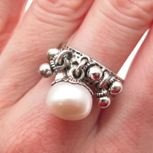 925 Sterling Silver Vintage Real Pearl Dangle Charm Oxidized Ring Size 8