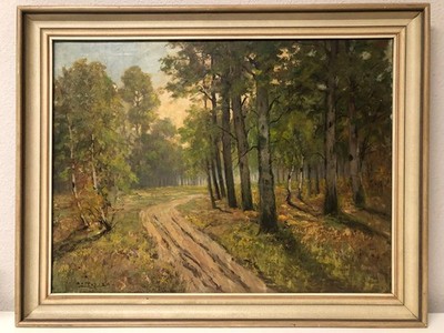 Otto Petigk Schorfheide Waldweg im Sonnenaufgang 1920er Öl auf Leinwand 79x59