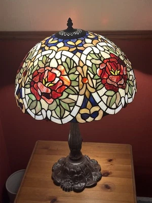 Beautiful Large Tiffany Table Lamp with Renaissance Rose Stained Glass Shade - Image 1 of 4