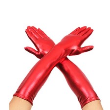 DreamHigh Women's 17" Long Metalic Satin Cosplay Finger Gloves Red