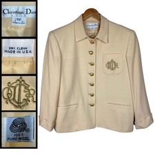 Vintage Christian Dior Blazer Wool Jacket Women 12 Cream Monogram Quiet Luxury