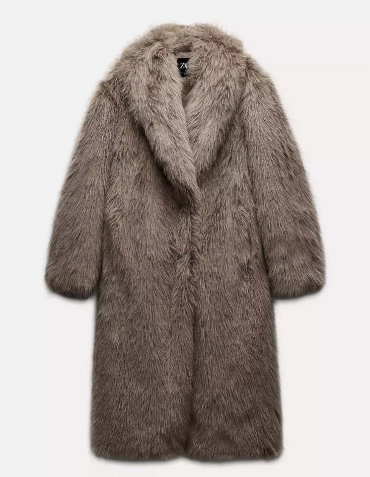 ZARA LONG FAUX FUR COAT TAUPE GREY NEW FW24/25 SIZE XS REF. 6318/243 - Image 2 of 4
