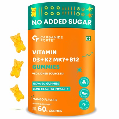 Carbamide Forte Vitamin D3 K2 MK7 + B12 Gummies 60 Count | Mango Flavor