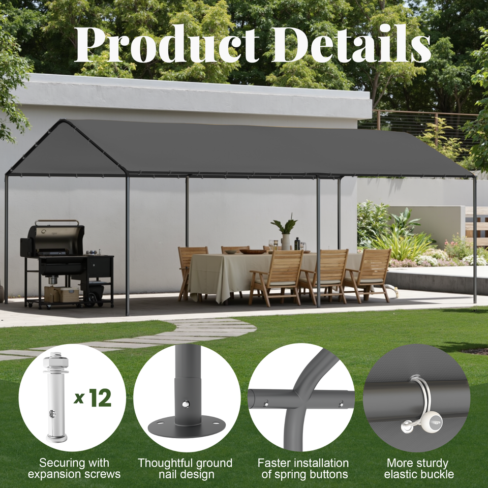 10‘ x 20’ Heavy Duty Grey Garage All-Season Outdoor Carport Car Canopy ...