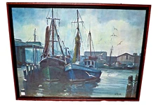 Michael Stoffa (1923- 2001) Massachusetts Harbor Scene Print. Framed 25 x 19