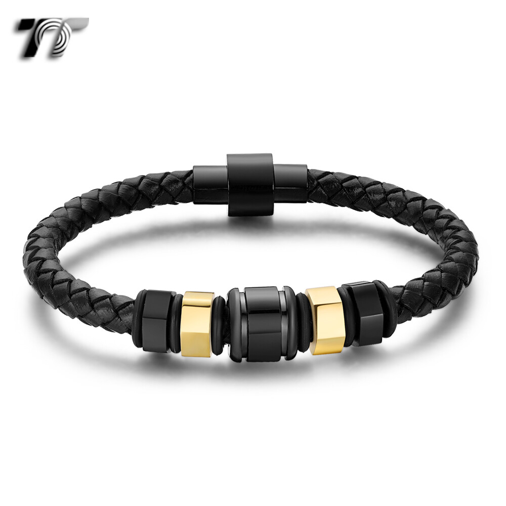 TT 6mm Black Leather S.Steel Two Tone Bead Magnet Buckle Collar - Foto 10