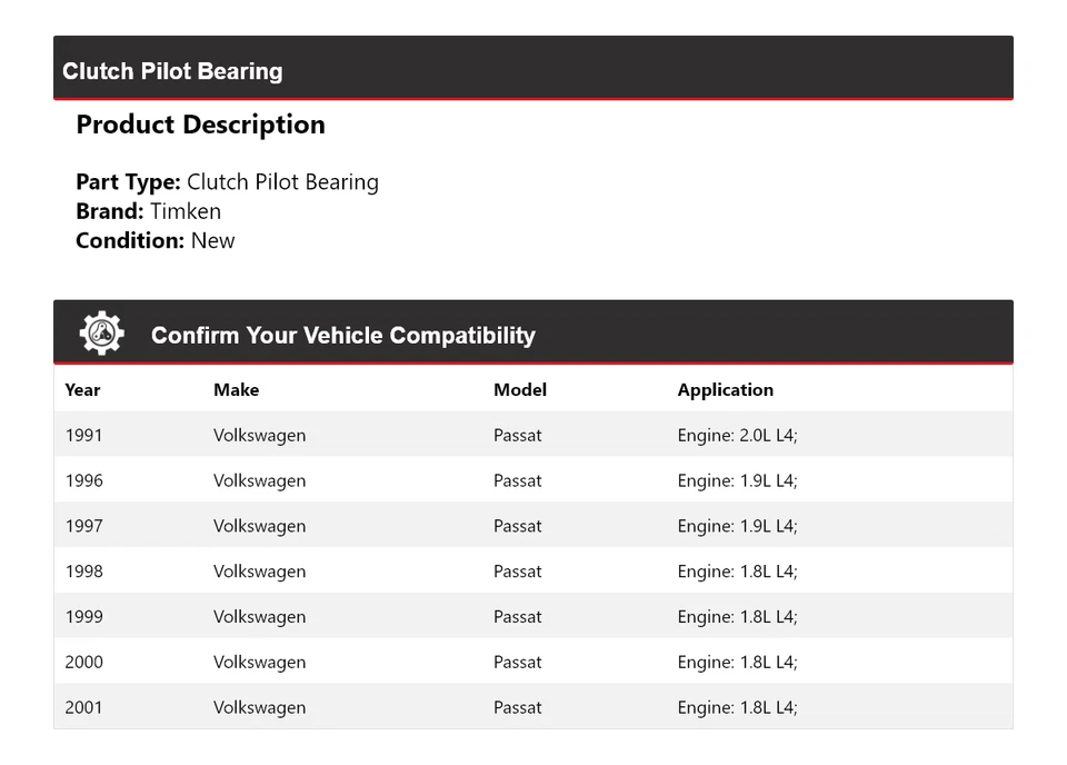 Cojinete piloto embrague para Volkswagen Passat 1991, 1996-2001 Timken Foto 2 de 4