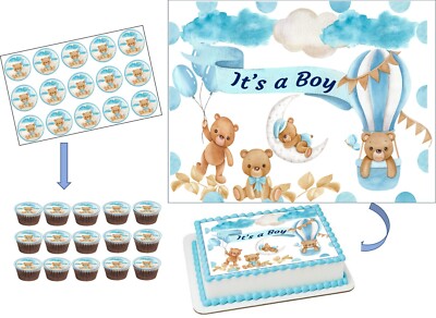 TEDDY BEAR Baby shower BOYS Image Edible cake topper decoration Bear ...