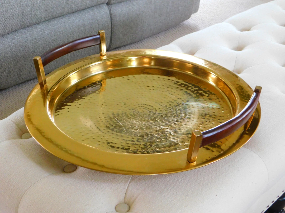 Vintage Solid HAMMERED BRASS TRAY Large Round WOOD HANDLES India