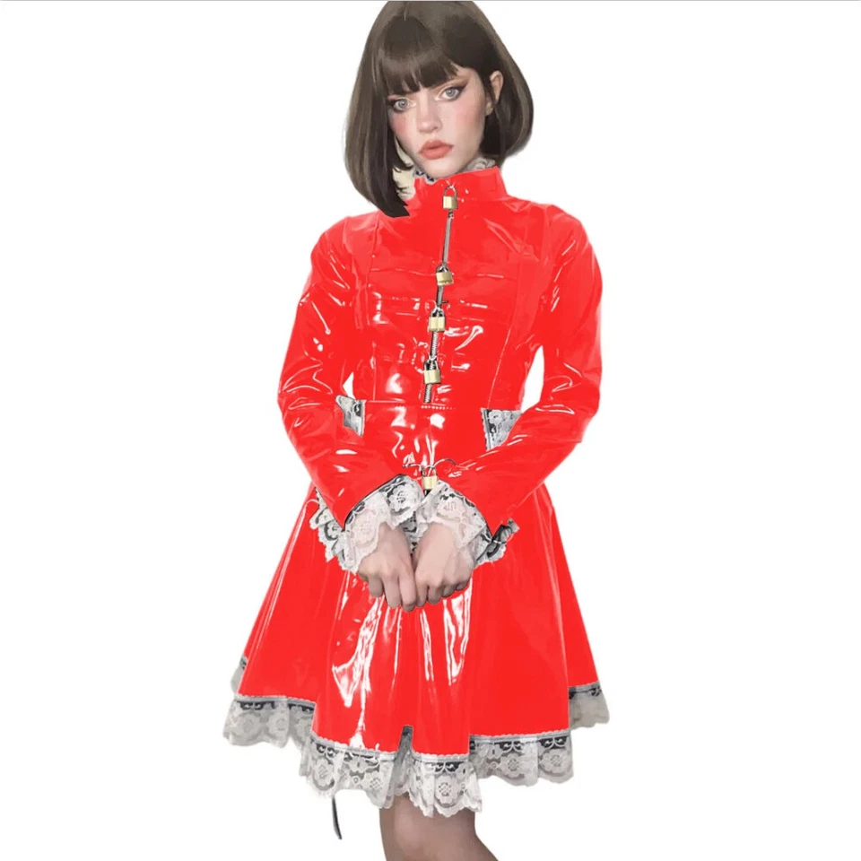 Mini Vestido Bloqueable Lolita Brillante PVC Cuero Plisado Línea A Sissy Maid Disfraces Foto 2 de 4