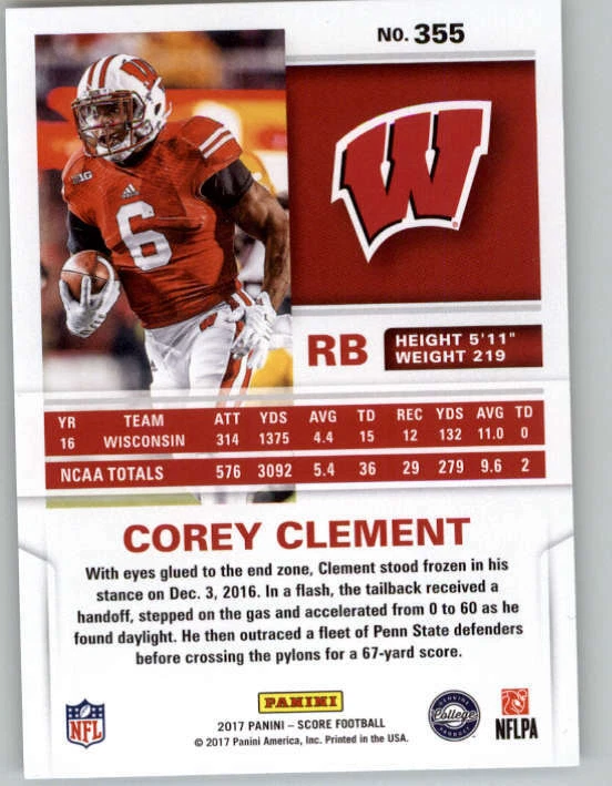 2017 Score #355 Corey Clement RC (ref 149788) - Image 2 of 2