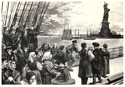 Postcard European Immigrants admiring Statue of Liberty New York Harbor 1887