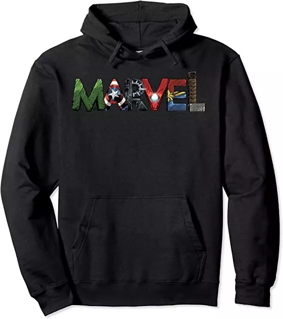 Marvel Avengers Character Text Logo Hoodie Black Multicolor Sz M Thor Hulk Iron