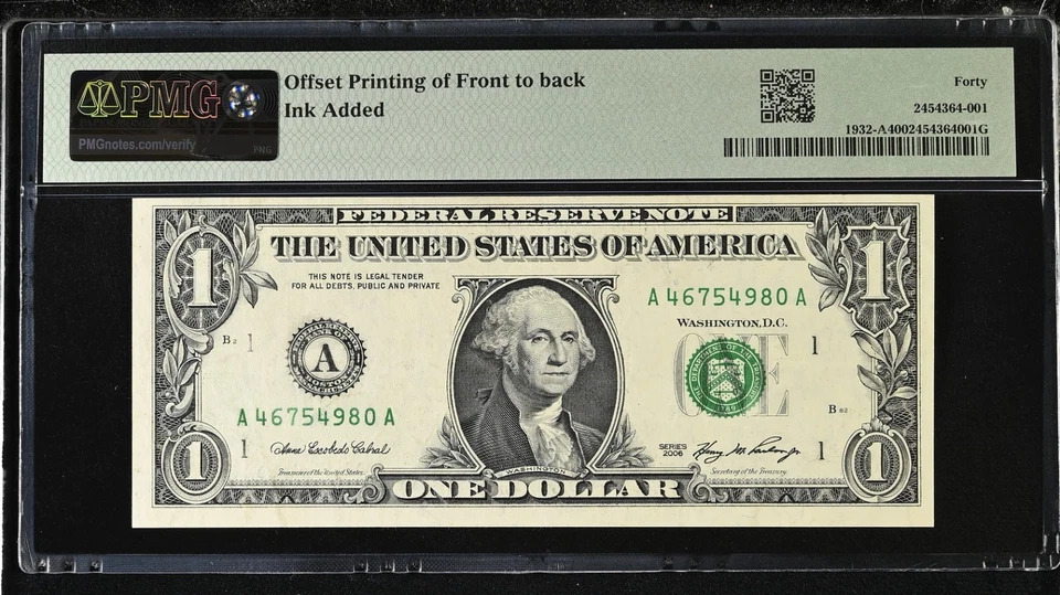2006 $1 OFFSET PRINTING ERROR Back to Front PMG Federal Reserve Note Graded Rare - Image 2 of 2