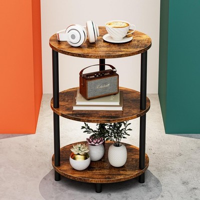 Small Round 3-Tier Side Table Rustic Wood & Metal Accent Nightstand Living Room