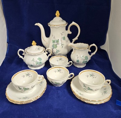 VTG Winterling Bavaria Tea Set   Green Floral   Gold Trim   Germany   11 Pc