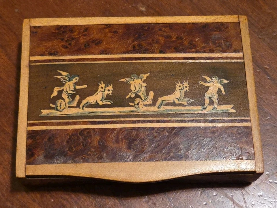 Antique Burl Inlaid Wood Calling Card Snuff Box Sorrento Style Treenware - Image 2 of 4