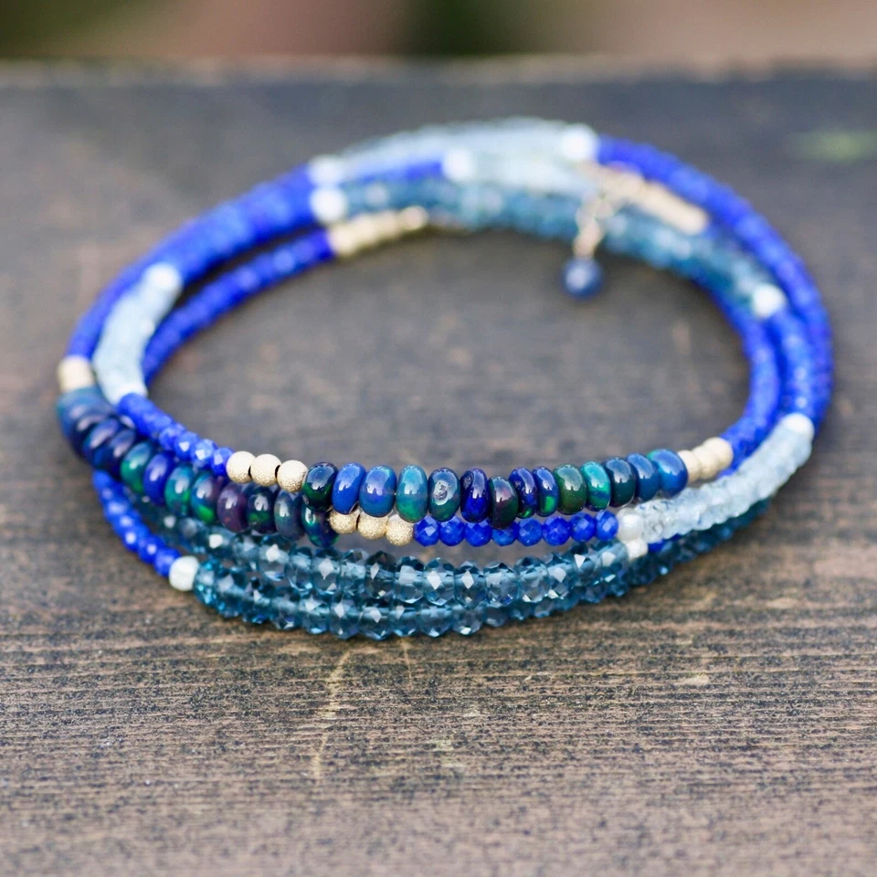 Brazalete envolvente collar de lapislázuli natural, topacio, ópalo negro relleno de oro de 14 k Foto 3 de 4