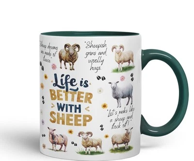 VIXAR Life Better with Sheep Ceramic Coloured Mug Cup for Tea Coffee 330ml 11Oz Gift